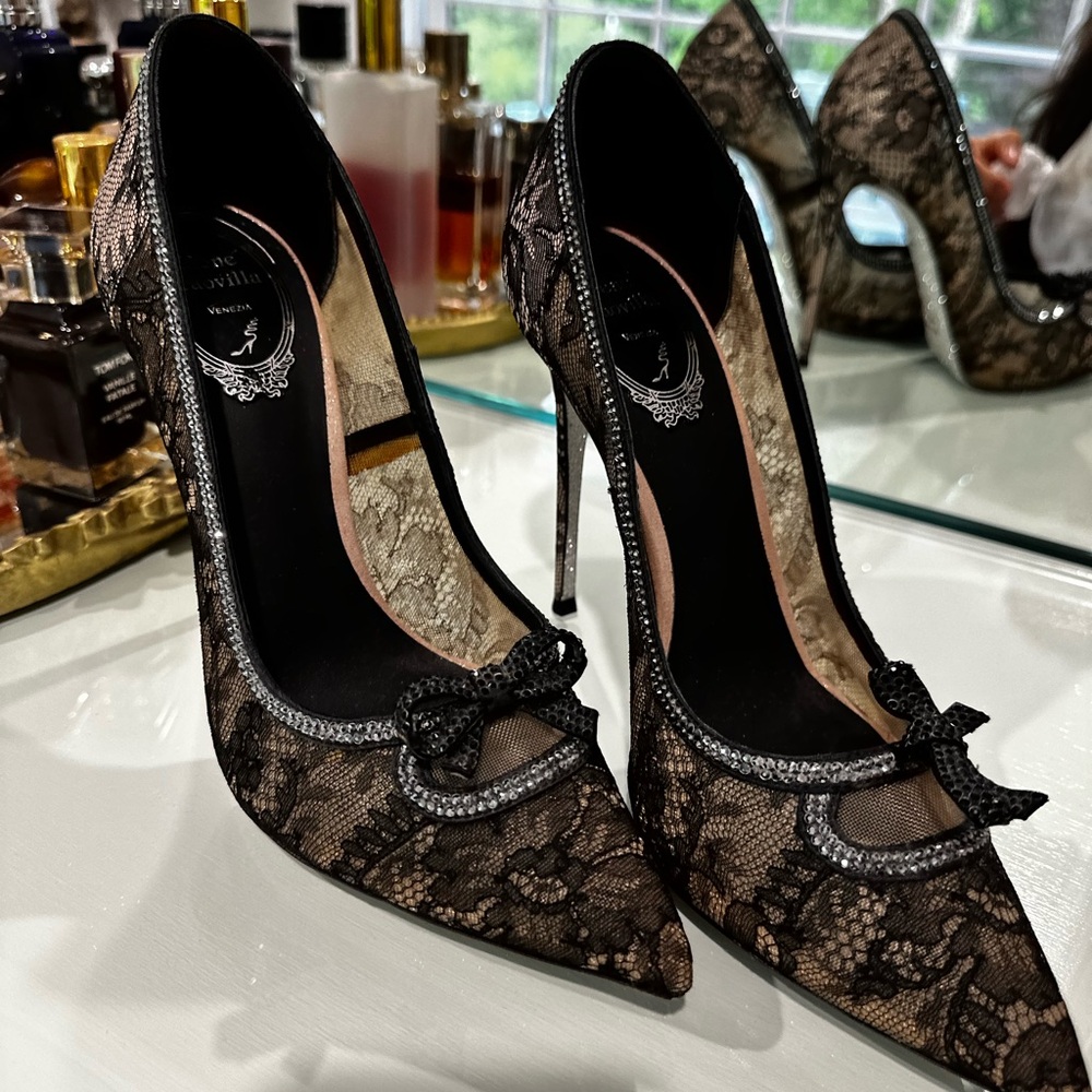 Rene Caovilla Black Stiletto Heels with Pointed Toe